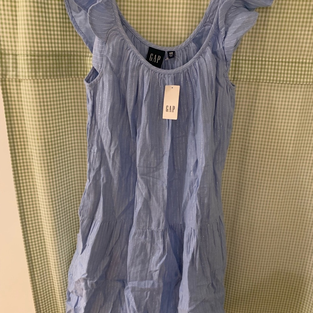Gap blue flutter-sleeve dress with silver glittery lines down dress.